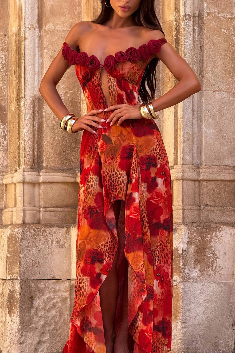 Off Shoulder Rosette Leopard Print Irregular Hem Maxi Dresses-Red Pre Order - Image 6