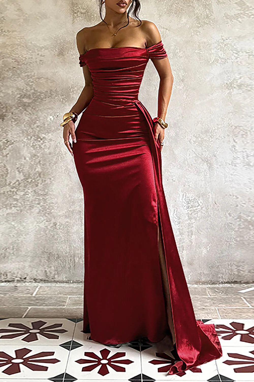 Off Shoulder Ruched Cinch Waist Bodycon Satin Slit Gowns Maxi Dresses-Red - Image 2