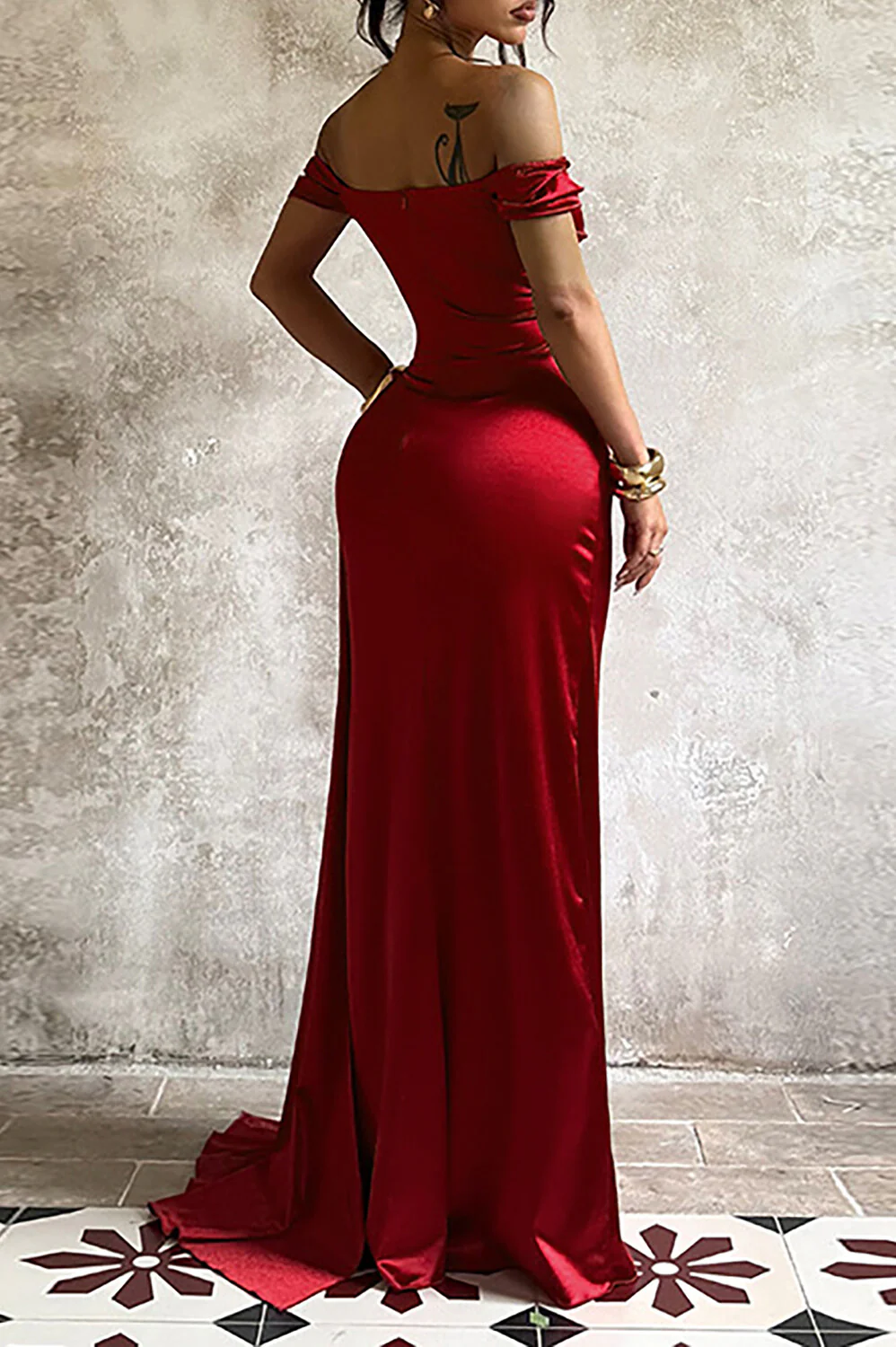 Off Shoulder Ruched Cinch Waist Bodycon Satin Slit Gowns Maxi Dresses-Red - Image 4