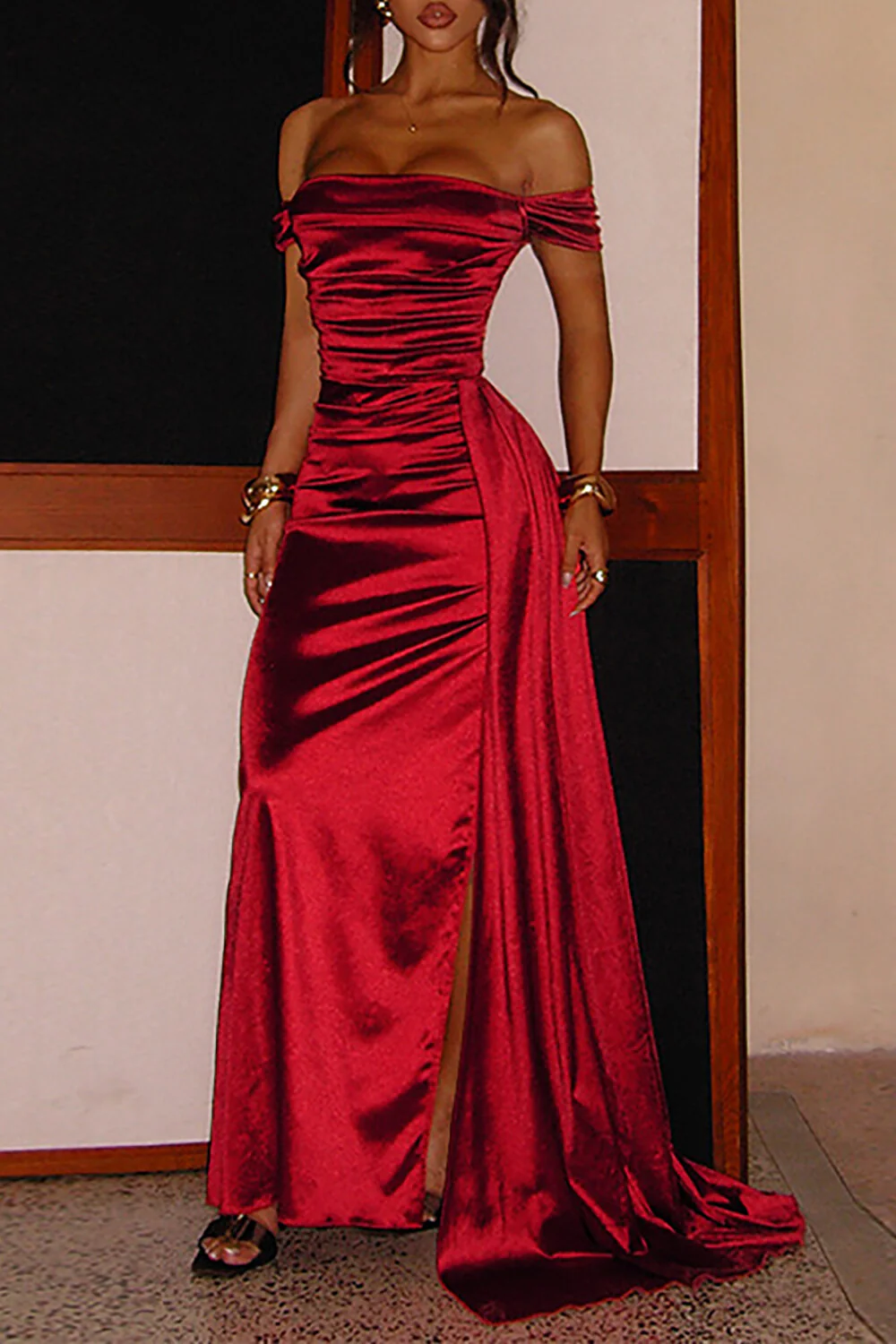 Off Shoulder Ruched Cinch Waist Bodycon Satin Slit Gowns Maxi Dresses-Red - Image 5