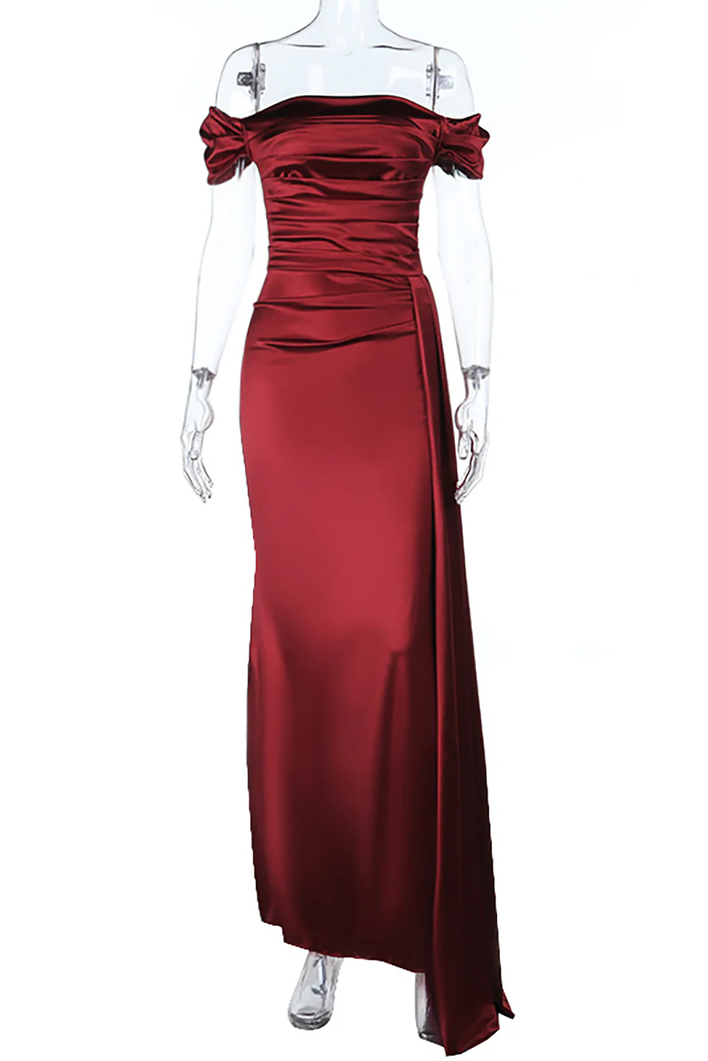 Off Shoulder Ruched Cinch Waist Bodycon Satin Slit Gowns Maxi Dresses-Red - Image 6