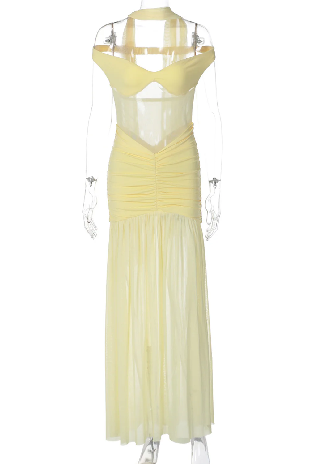 Off Shoulder See-Through Mesh Ruched Split Maxi Dresses-Black - Image 7