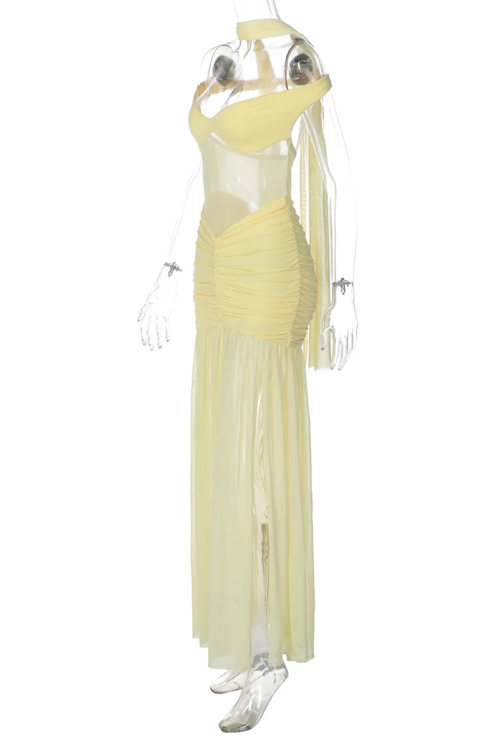 Off Shoulder See-Through Mesh Ruched Split Maxi Dresses-Black - Image 8
