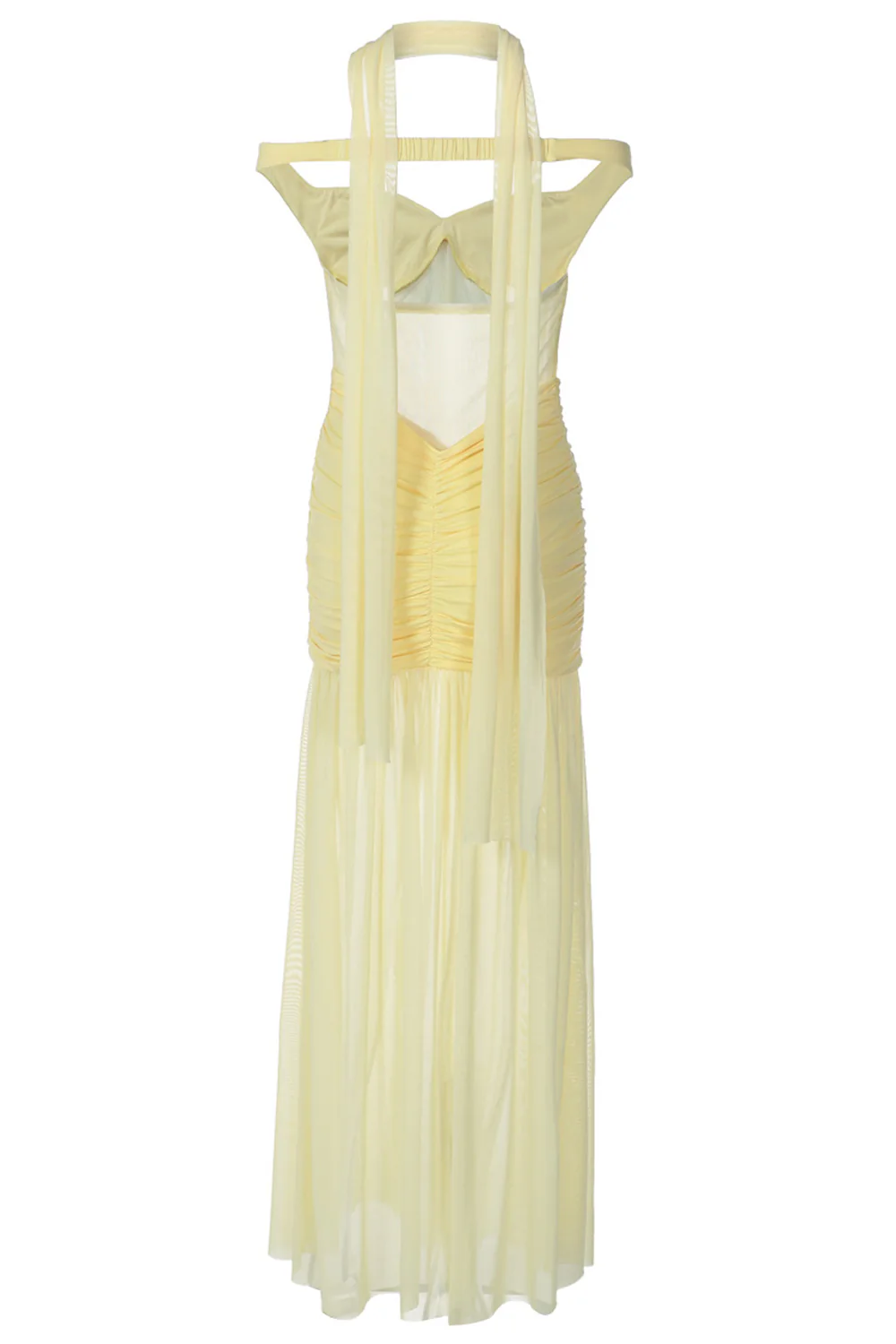 Off Shoulder See-Through Mesh Ruched Split Maxi Dresses-Black - Image 9