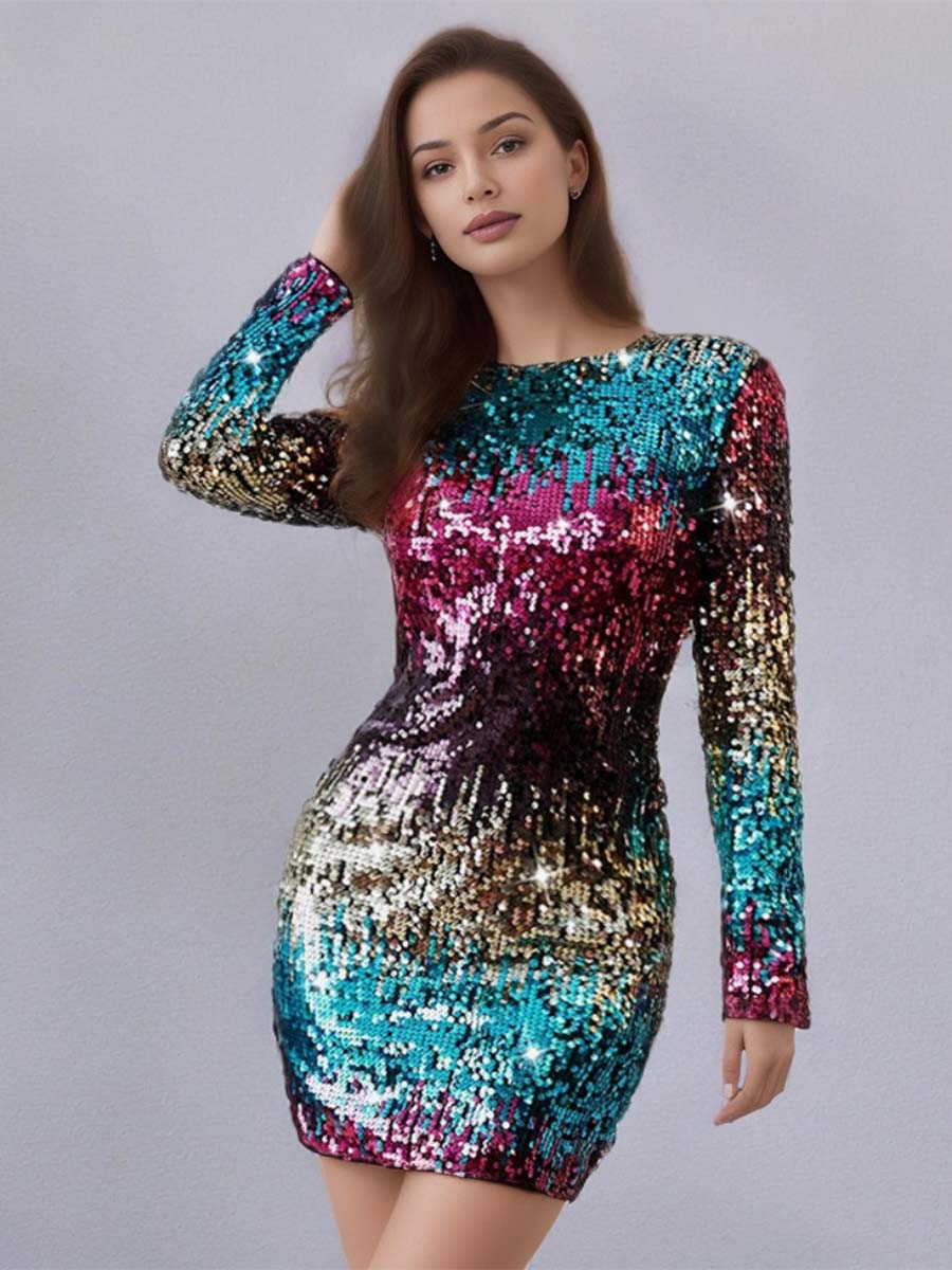 Ombre Sequin Long Sleeve Party Mini Dress - Image 2