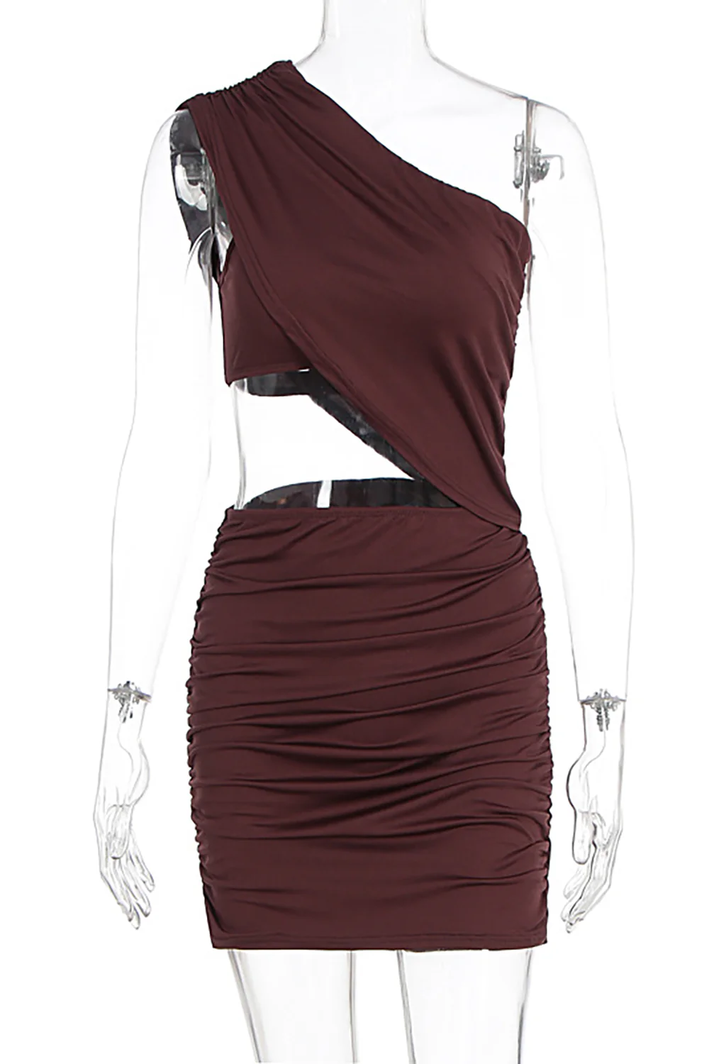 One Shoulder Boat Neck Cutout Ruched Bodycon Mini Dresses-Burgundy - Image 4