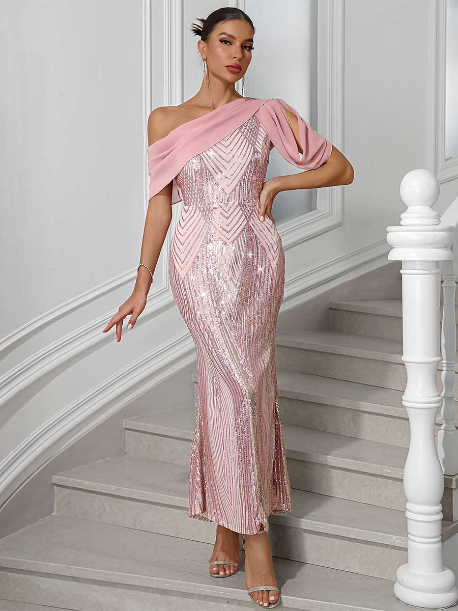 One-Shoulder Chiffon Patchwork Sequin Maxi Party Gown - Image 2