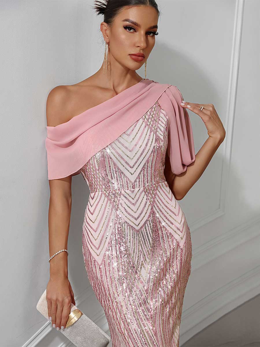 One-Shoulder Chiffon Patchwork Sequin Maxi Party Gown - Image 6