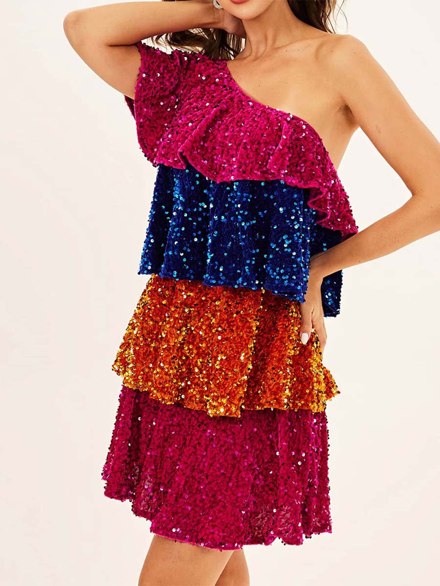 One-Shoulder Colorful Sequin Patchwork Tiered Dress - Image 2