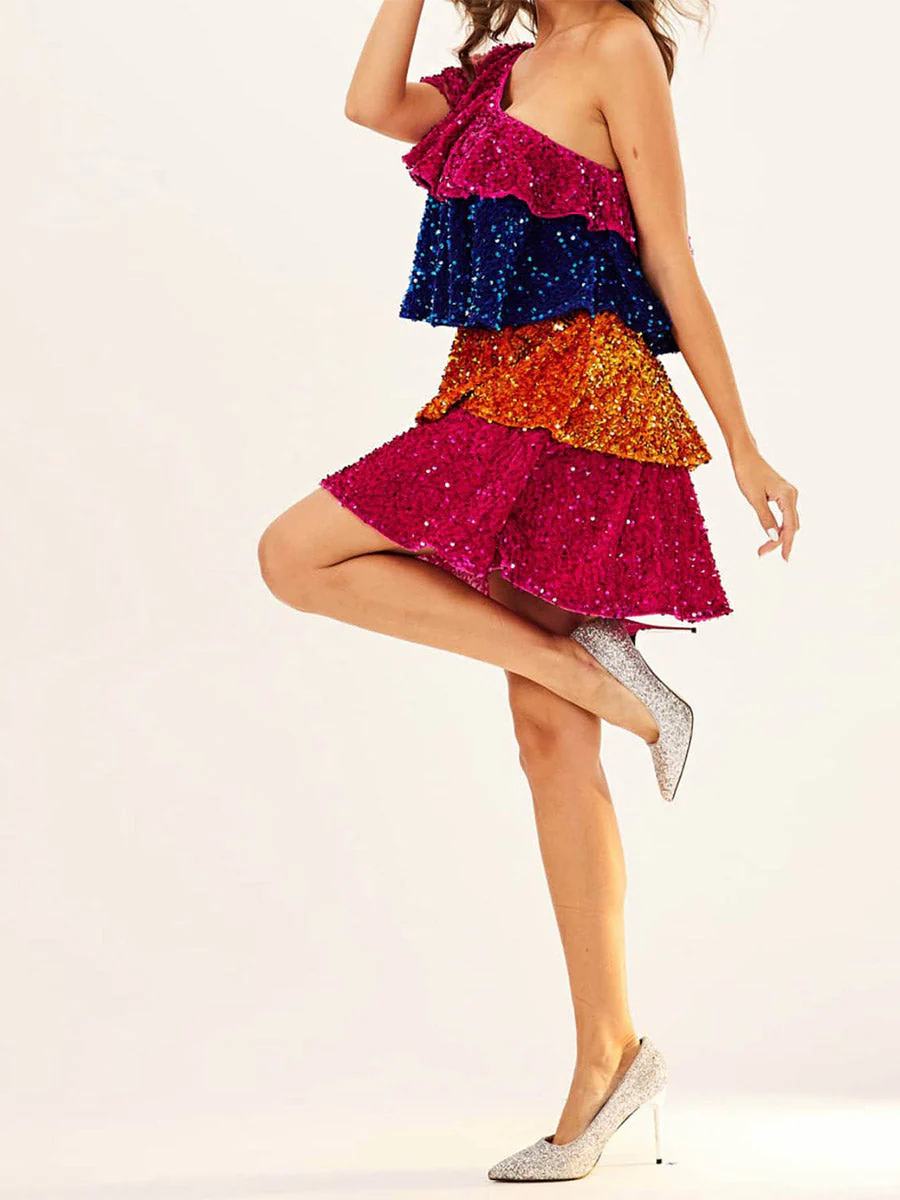 One-Shoulder Colorful Sequin Patchwork Tiered Dress - Image 4