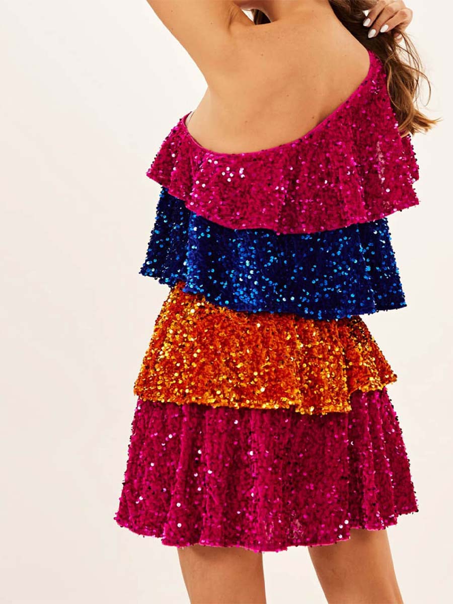 One-Shoulder Colorful Sequin Patchwork Tiered Dress - Image 5