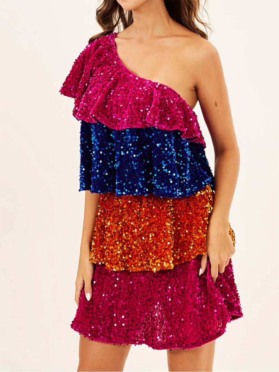One-Shoulder Colorful Sequin Patchwork Tiered Dress - Image 6