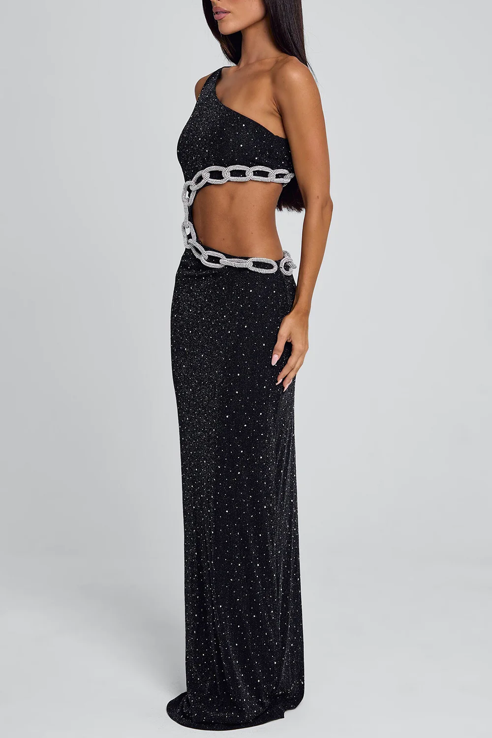 One Shoulder Cutout Chain Slim-Fit Glitter Maxi Dresses-Black Pre Order - Image 2
