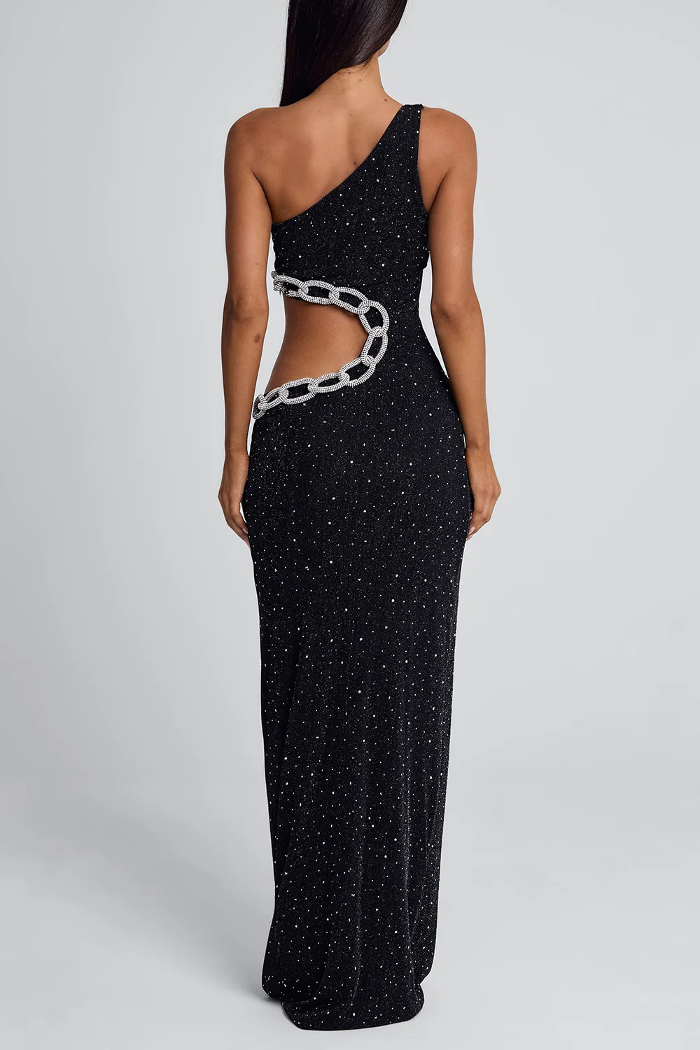 One Shoulder Cutout Chain Slim-Fit Glitter Maxi Dresses-Black Pre Order - Image 3