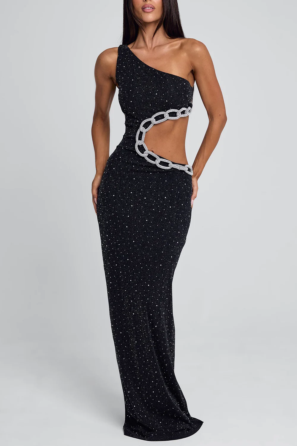 One Shoulder Cutout Chain Slim-Fit Glitter Maxi Dresses-Black Pre Order - Image 4