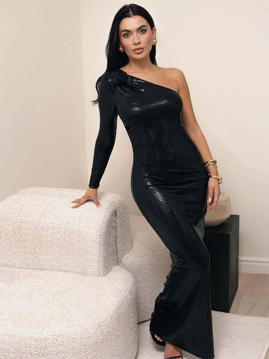 One-Shoulder Slim-Fit Sequin Evening Gown - Image 7