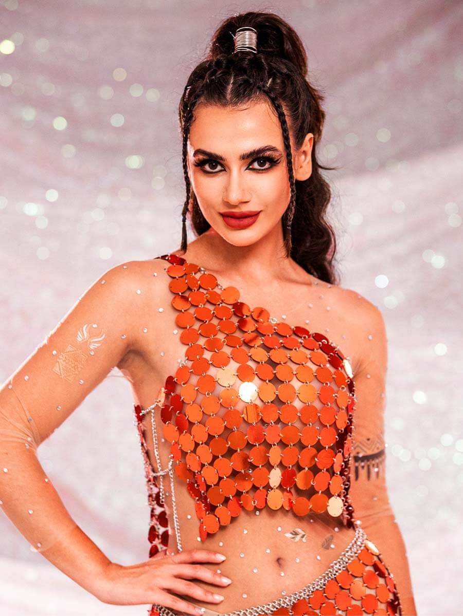 Sparkly Two Piece Set - Orange Sequin Top & Orange Sequin Skirt - Image 2