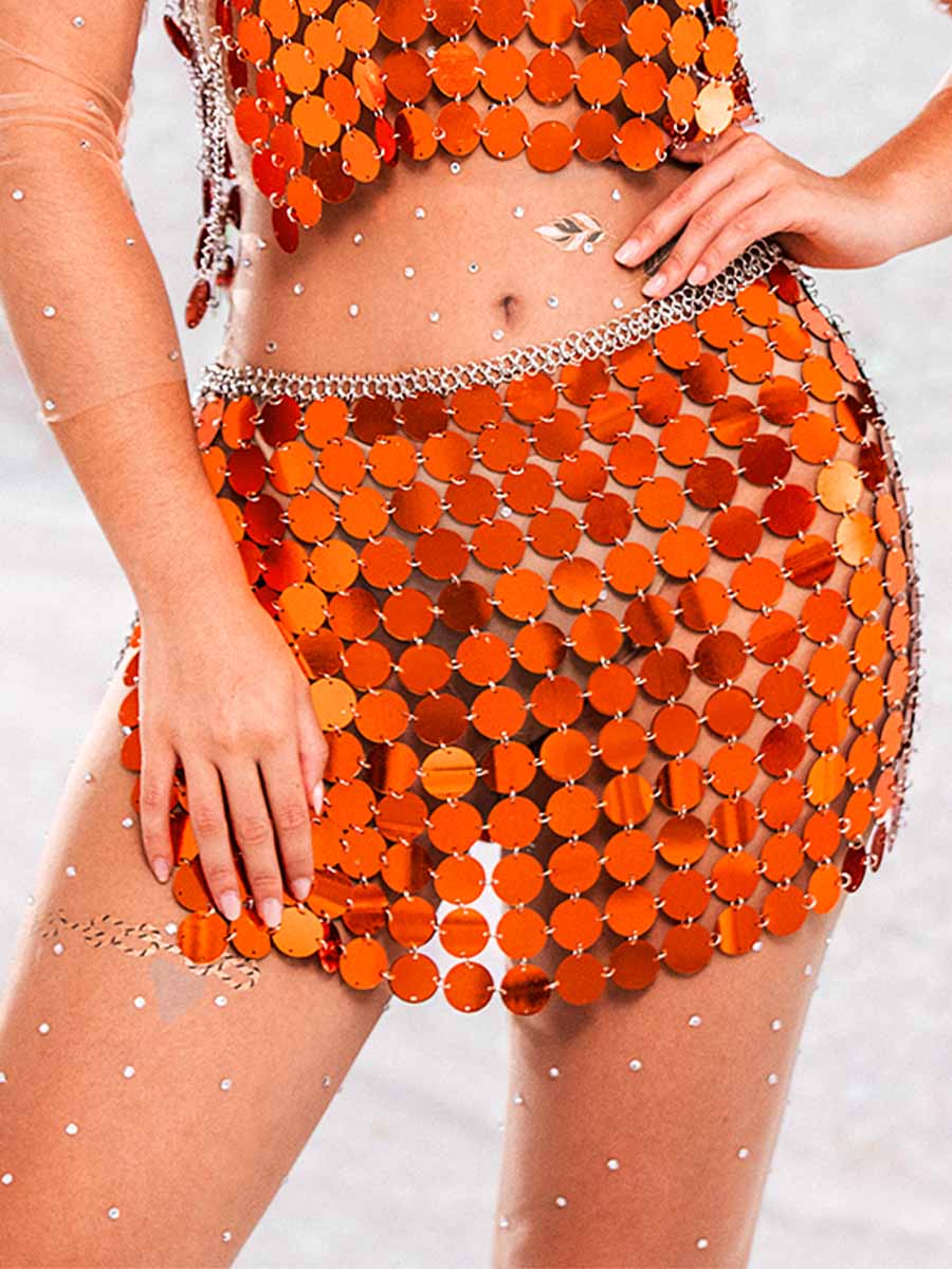 Sparkly Two Piece Set - Orange Sequin Top & Orange Sequin Skirt - Image 3