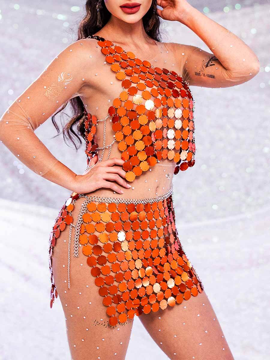 Sparkly Two Piece Set - Orange Sequin Top & Orange Sequin Skirt - Image 4
