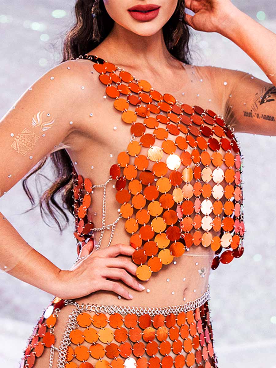 Sparkly Two Piece Set - Orange Sequin Top & Orange Sequin Skirt - Image 6