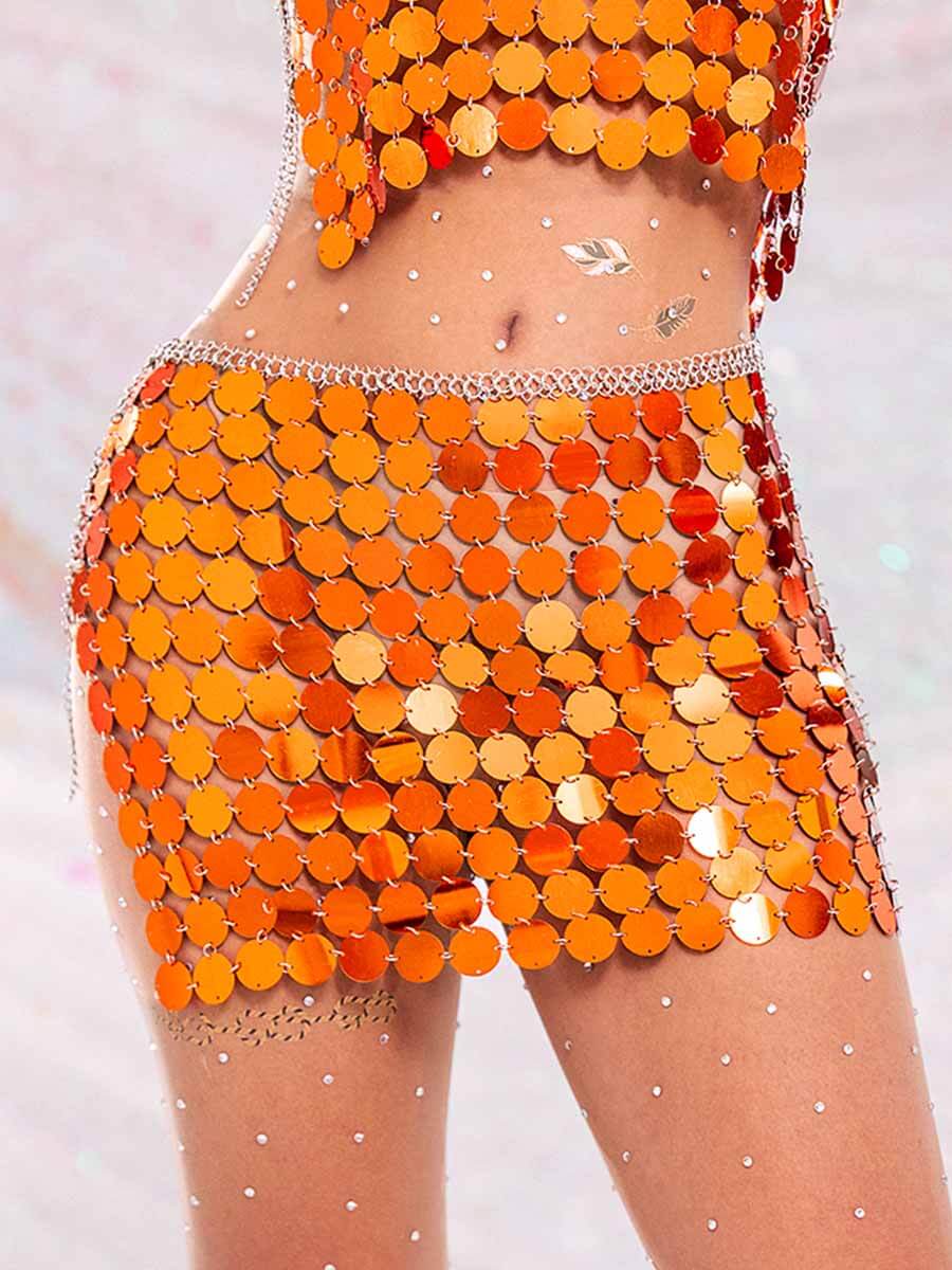 Sparkly Two Piece Set - Orange Sequin Top & Orange Sequin Skirt - Image 7