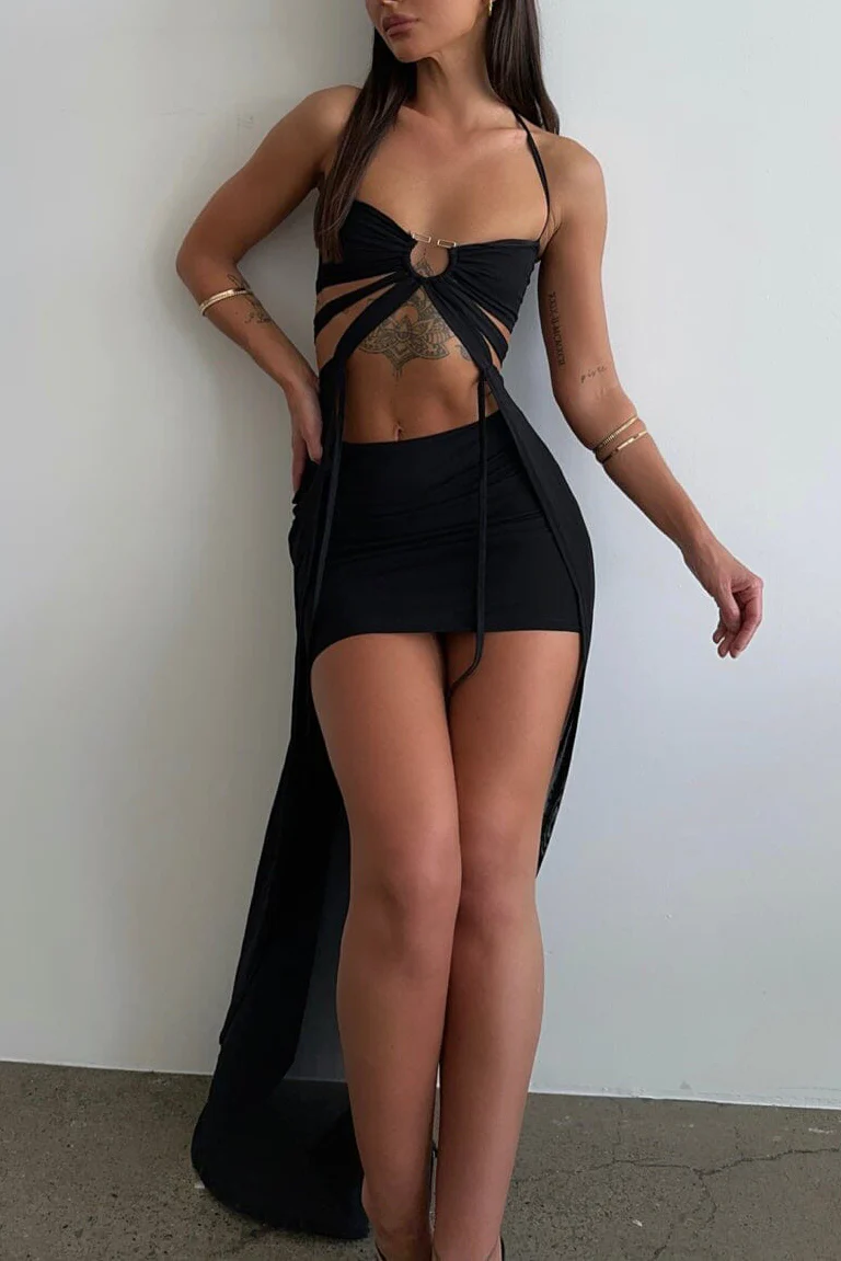 Pattern Print Sash Cut Out Halter Crop Top Vacation Mini Skirt Matching Set - Image 16