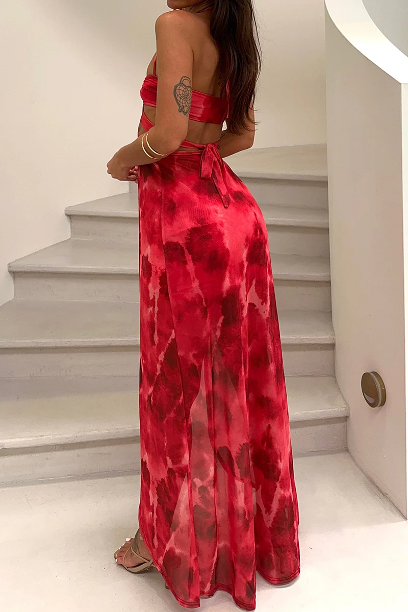 Pattern Print Sash Cut Out Halter Crop Top Vacation Mini Skirt Matching Set - Image 2