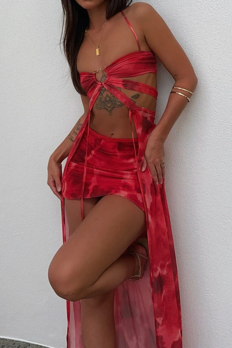 Pattern Print Sash Cut Out Halter Crop Top Vacation Mini Skirt Matching Set - Image 7