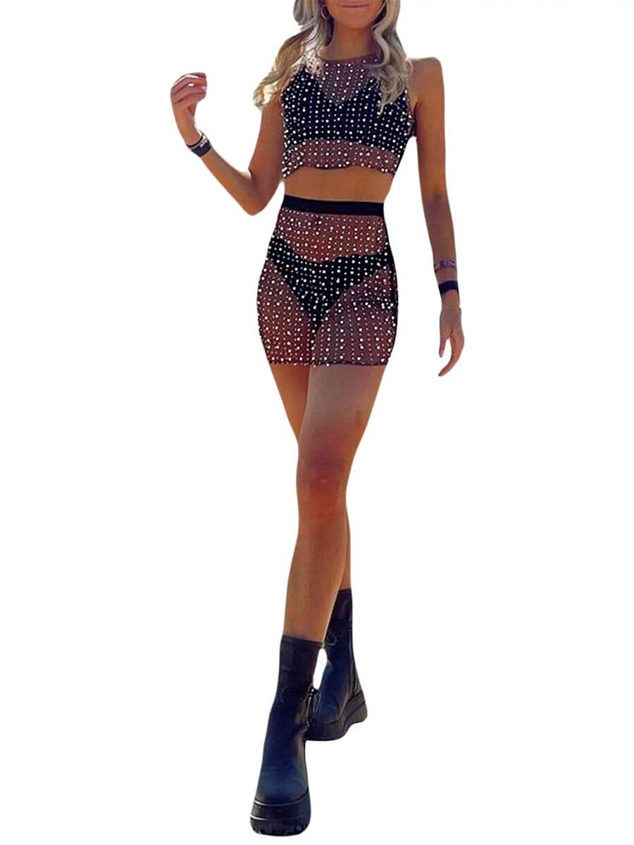 Pearl and Rhinestone Mesh Set - Cropped Top + Mini Skirt - Image 3