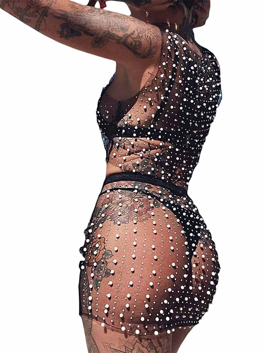 Pearl and Rhinestone Mesh Set - Cropped Top + Mini Skirt - Image 5
