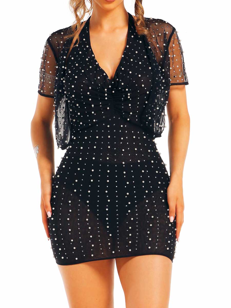 Pearl Rhinestone Black Translucent Dress and Shawl Set - Image 3