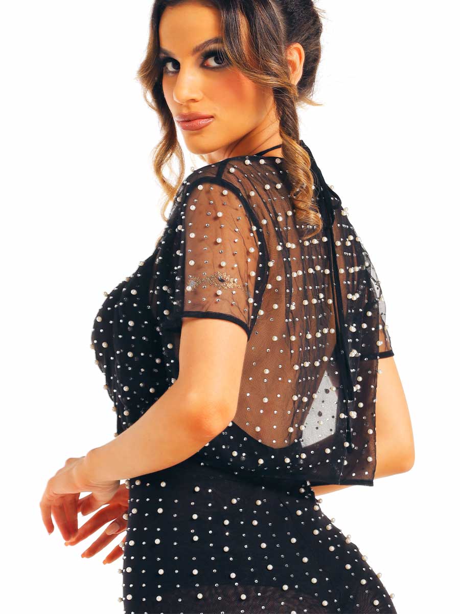 Pearl Rhinestone Black Translucent Dress and Shawl Set - Image 4