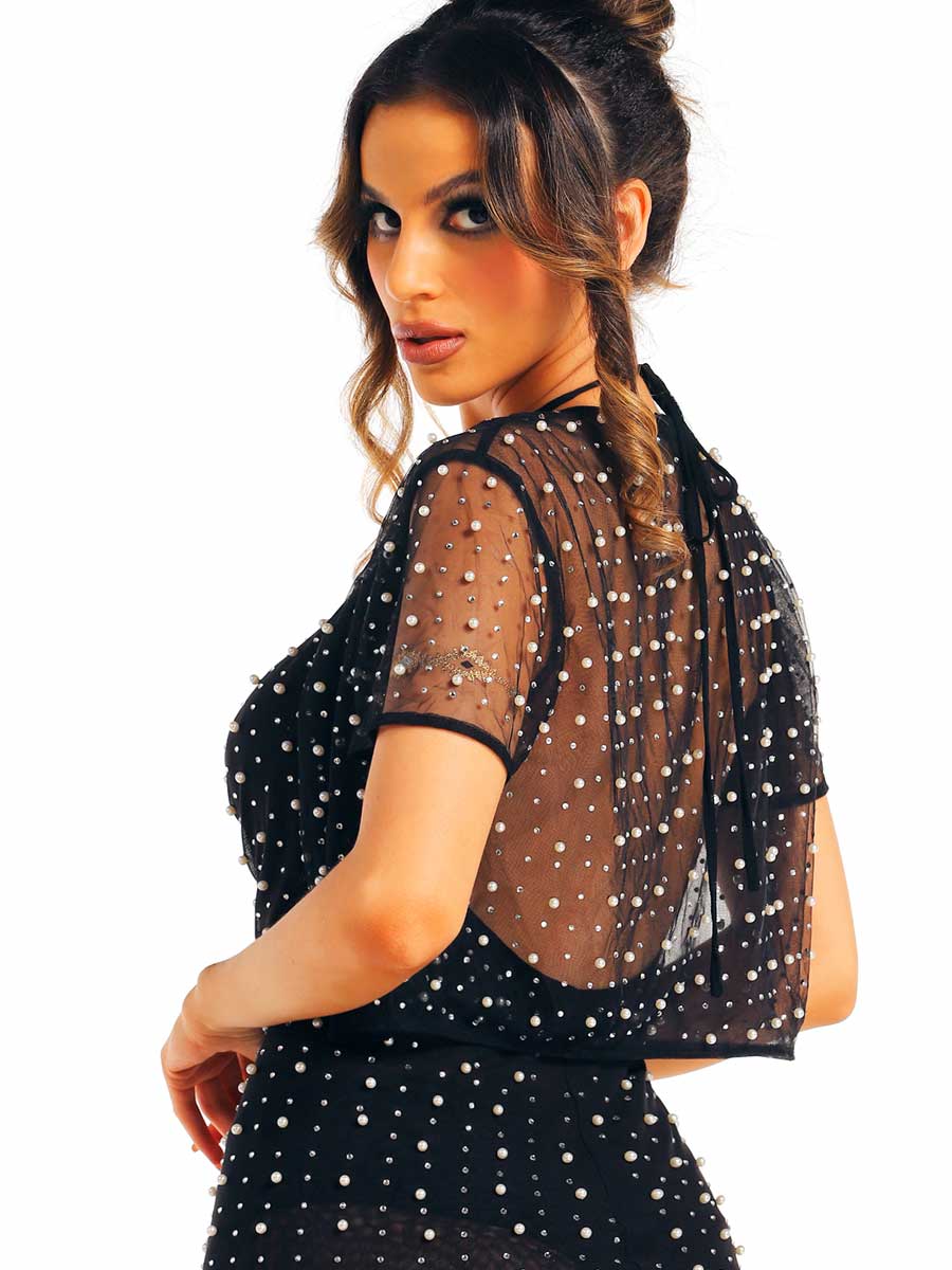 Pearl Rhinestone Black Translucent Dress and Shawl Set - Image 6