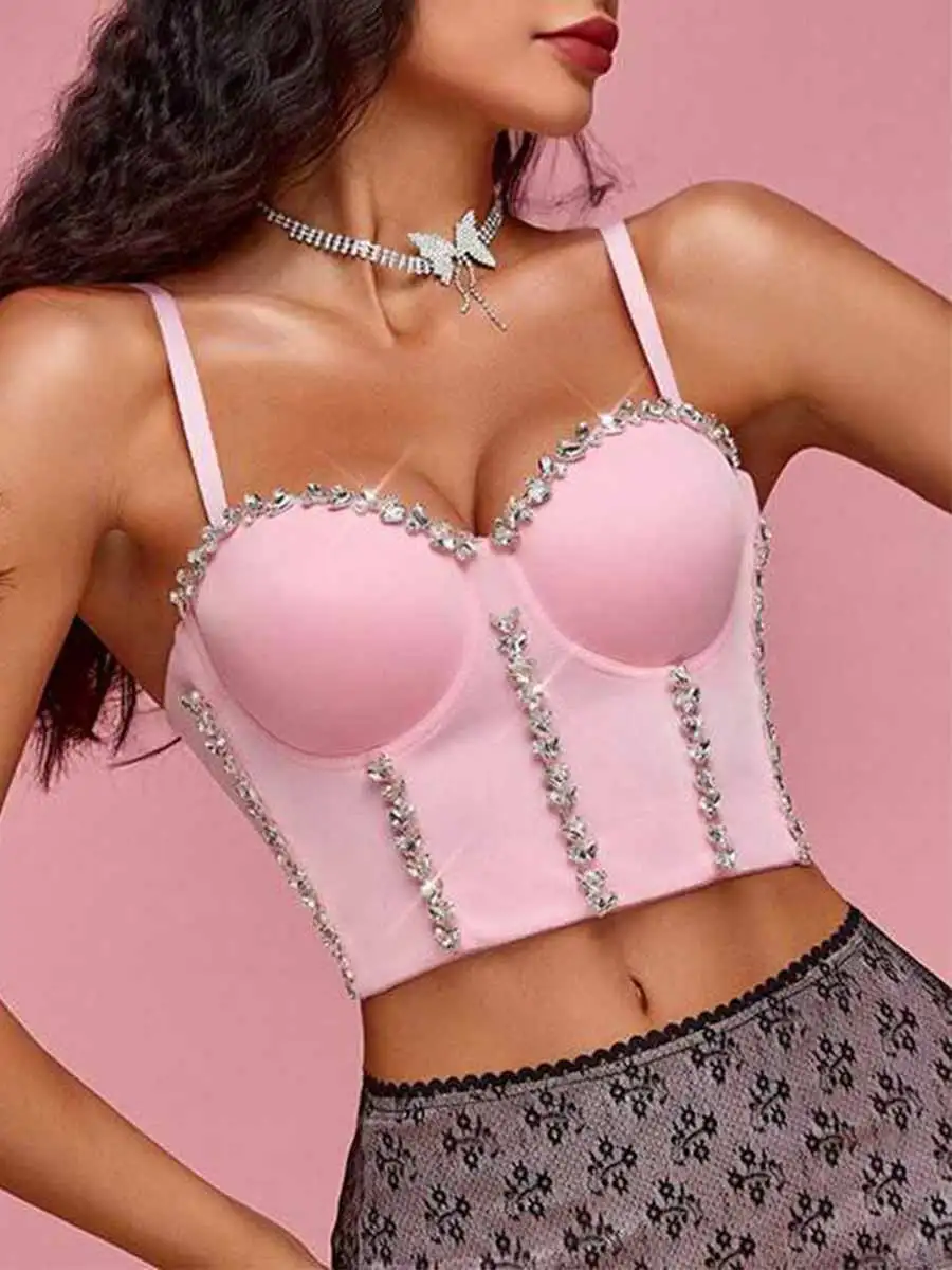 Stylish And Vibrant Sparkling Pink Rhinestone Bra - Image 4