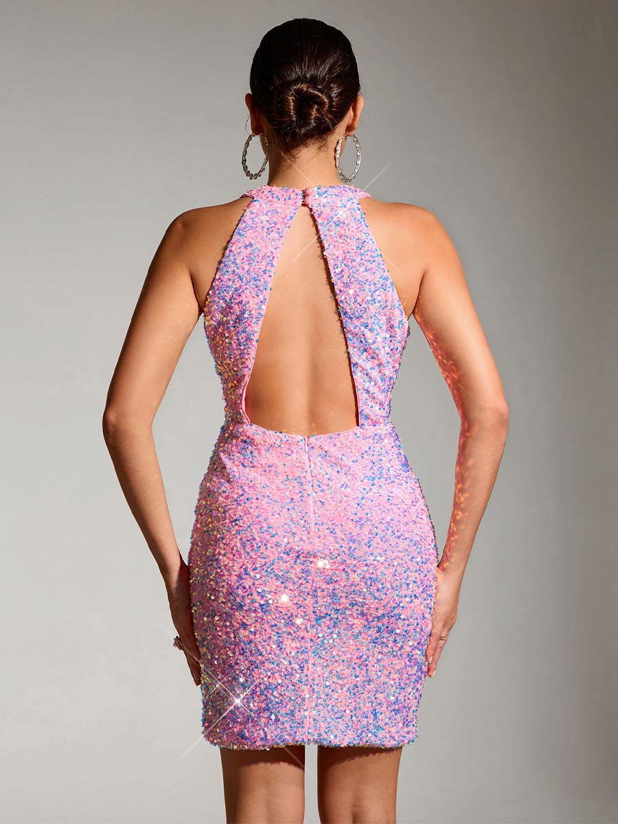 Pink Sequin Round Neck Sleeveless Bodycon Mini Dress - Image 6