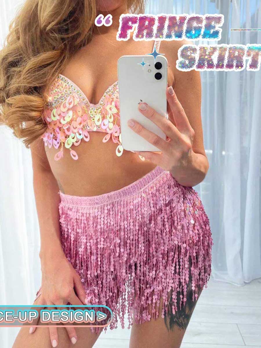 Pink Sequin Tassel A-Line Skirt - Image 2
