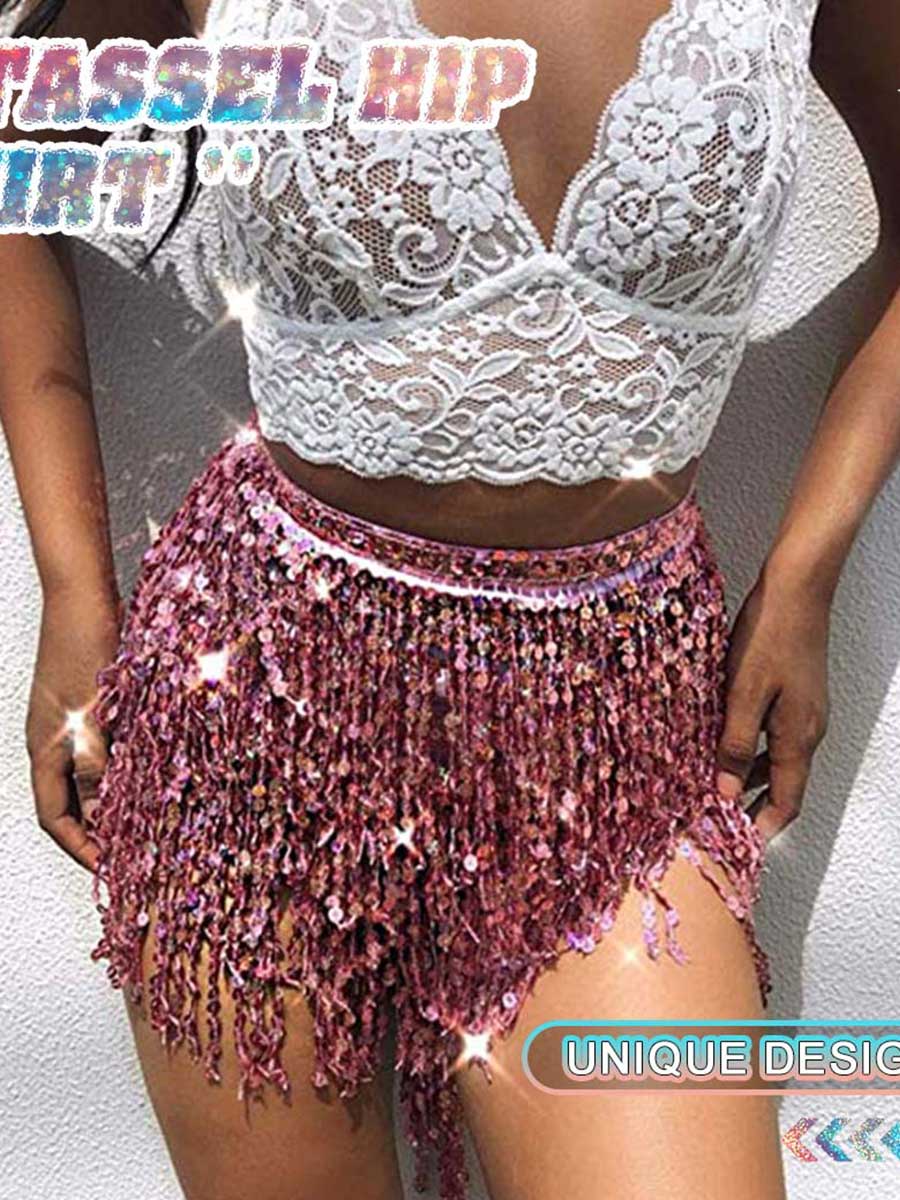 Pink Sequin Tassel A-Line Skirt - Image 4