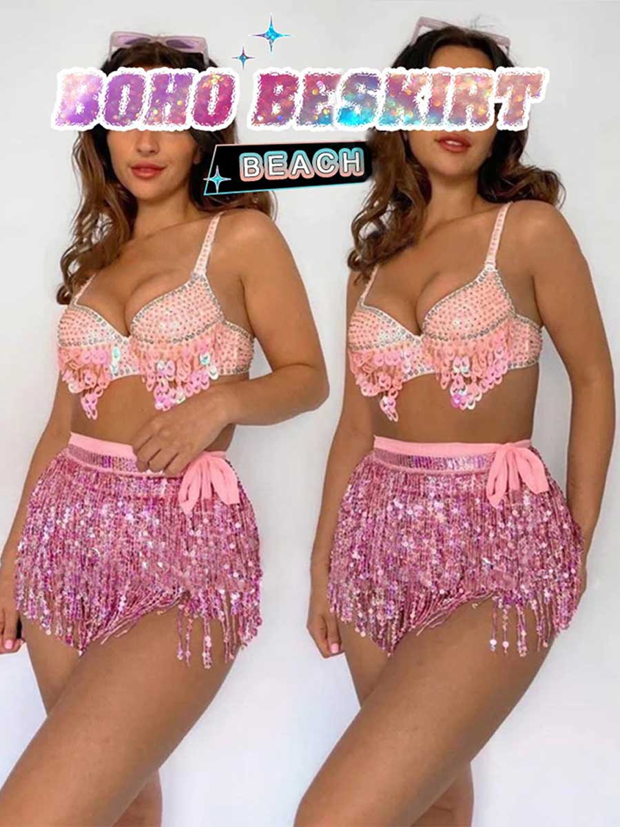 Pink Sequin Tassel A-Line Skirt - Image 6