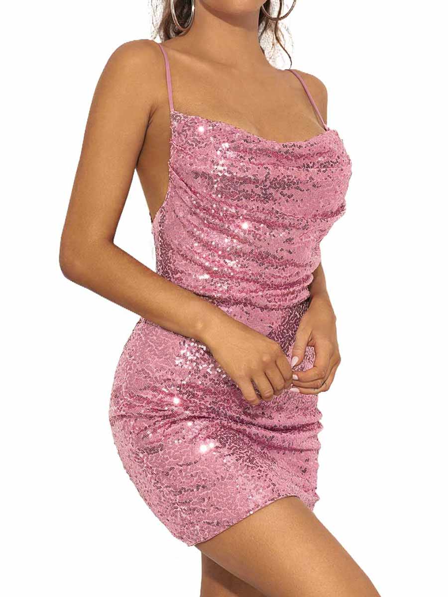 Pink Sequin Tight Mini Dress