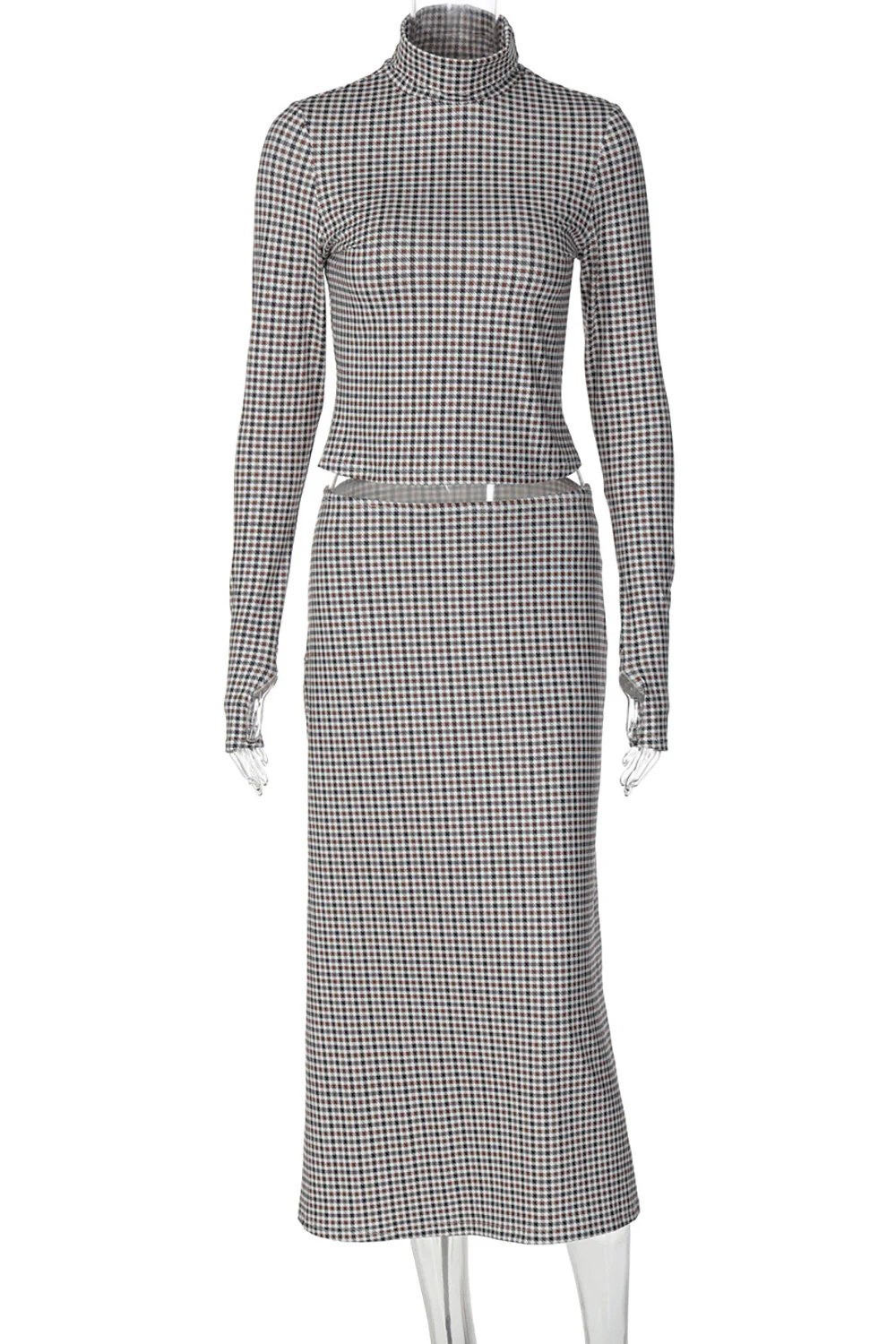 Plaid Print High Neck Long Sleeve Crop Top Fitted Midi Skirt Set-Coffee - Image 5