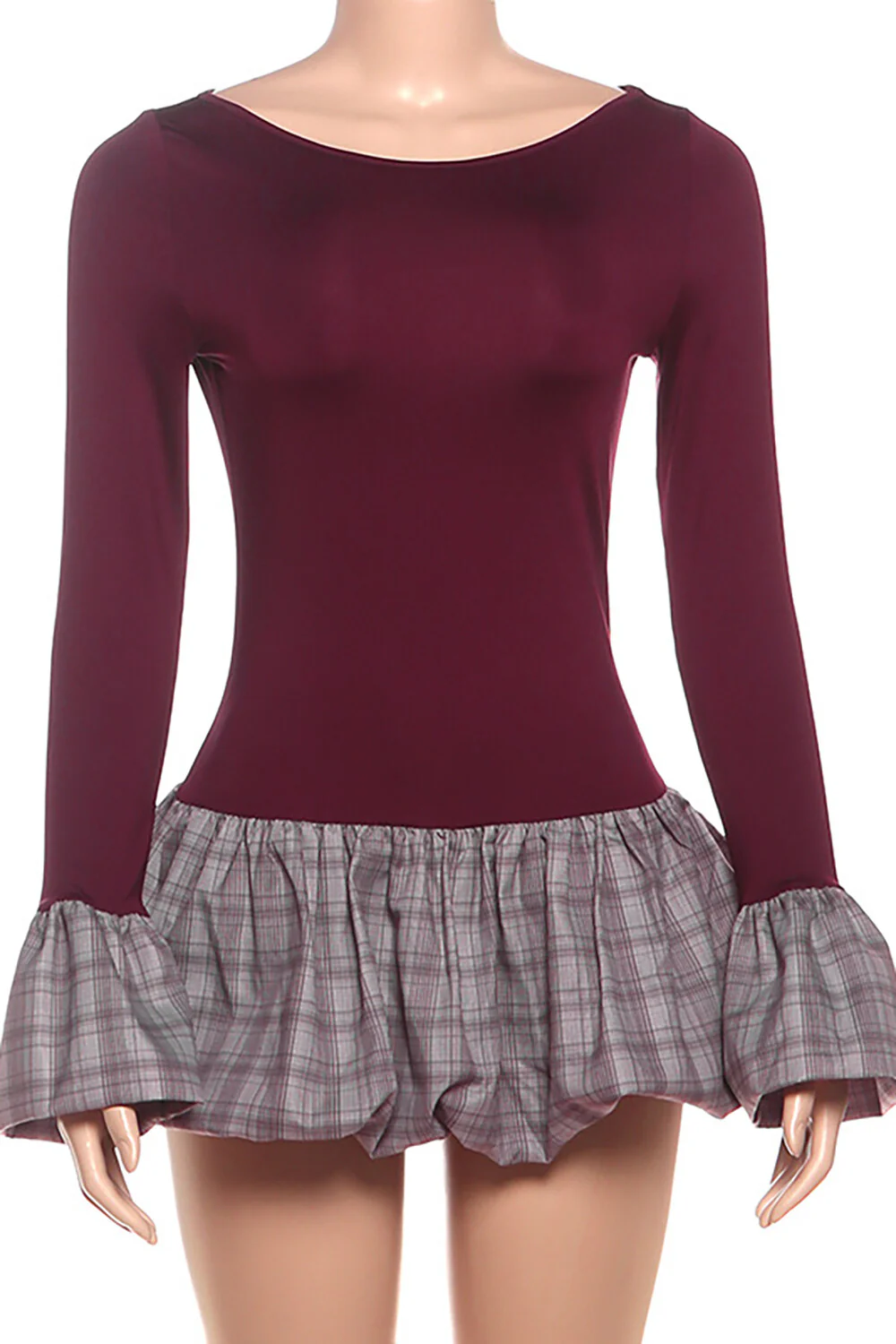 Plaid Print Patchwork Flare Sleeve Bubbled Hem Casual Mini Dresses-Burgundy - Image 4