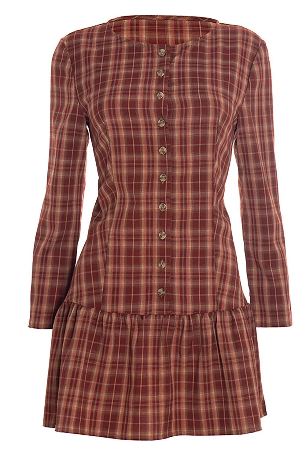 Plaid Print Round Neck Long Sleeve Button Up Cinch Waist Mini Dresses-Red - Image 10