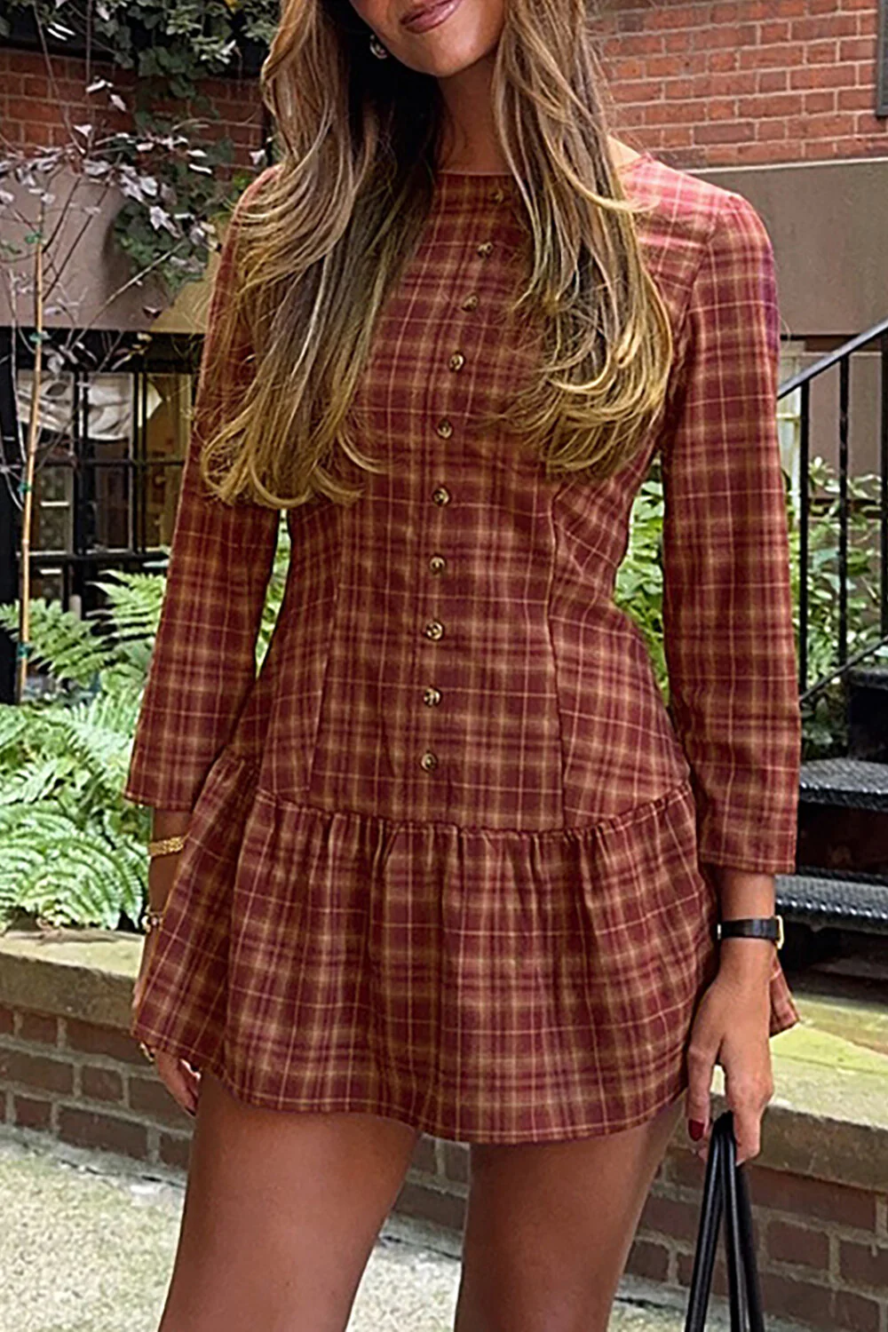 Plaid Print Round Neck Long Sleeve Button Up Cinch Waist Mini Dresses-Red - Image 2