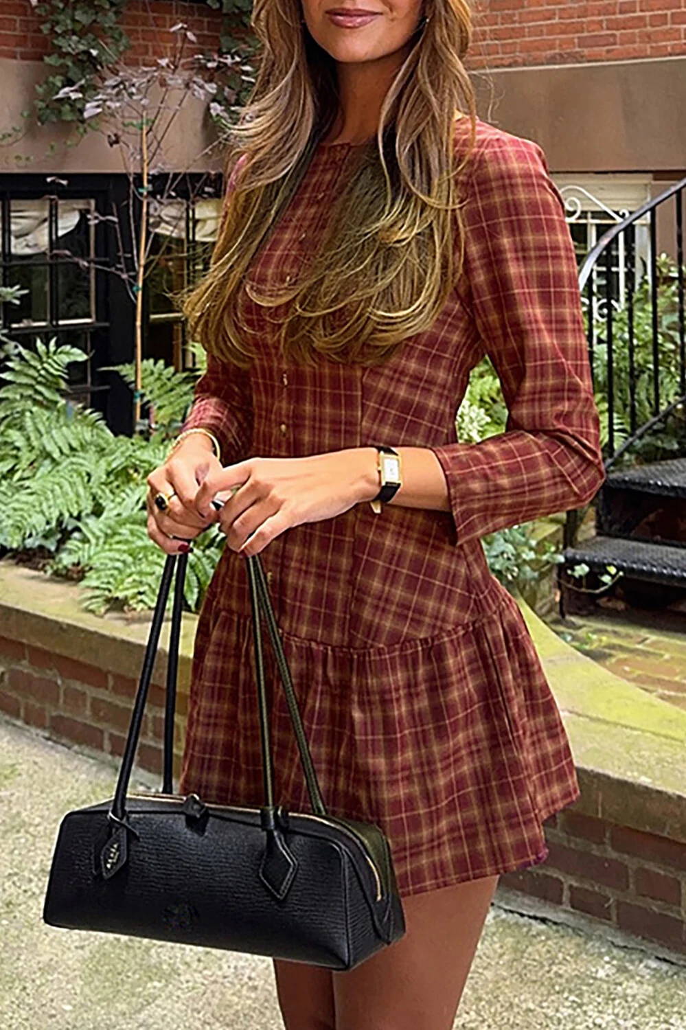 Plaid Print Round Neck Long Sleeve Button Up Cinch Waist Mini Dresses-Red - Image 3