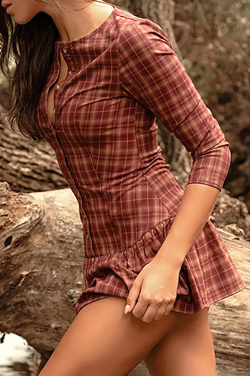 Plaid Print Round Neck Long Sleeve Button Up Cinch Waist Mini Dresses-Red - Image 7