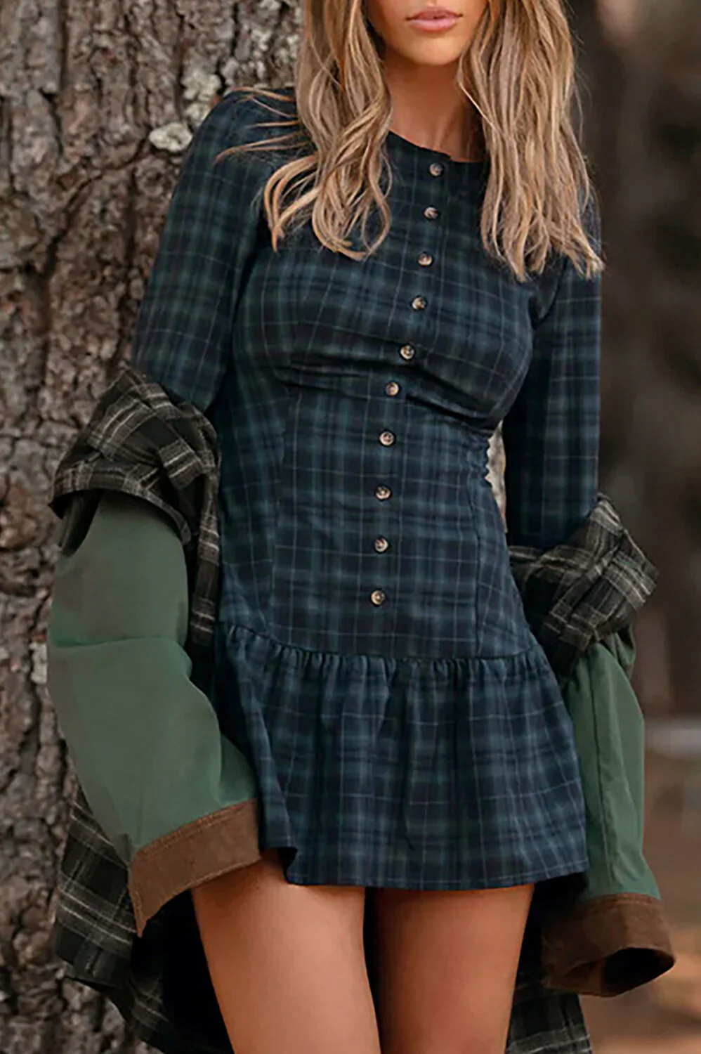 Plaid Print Round Neck Long Sleeve Button Up Cinch Waist Mini Dresses-Red - Image 8