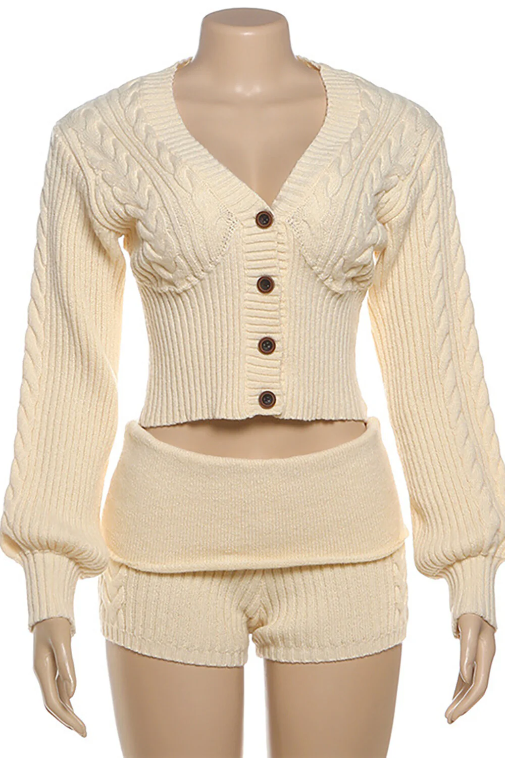 Pleated Knit V Neck Lantern Sleeve Crop Sweater Cardigan Shorts 2pcs Set-Beige - Image 6
