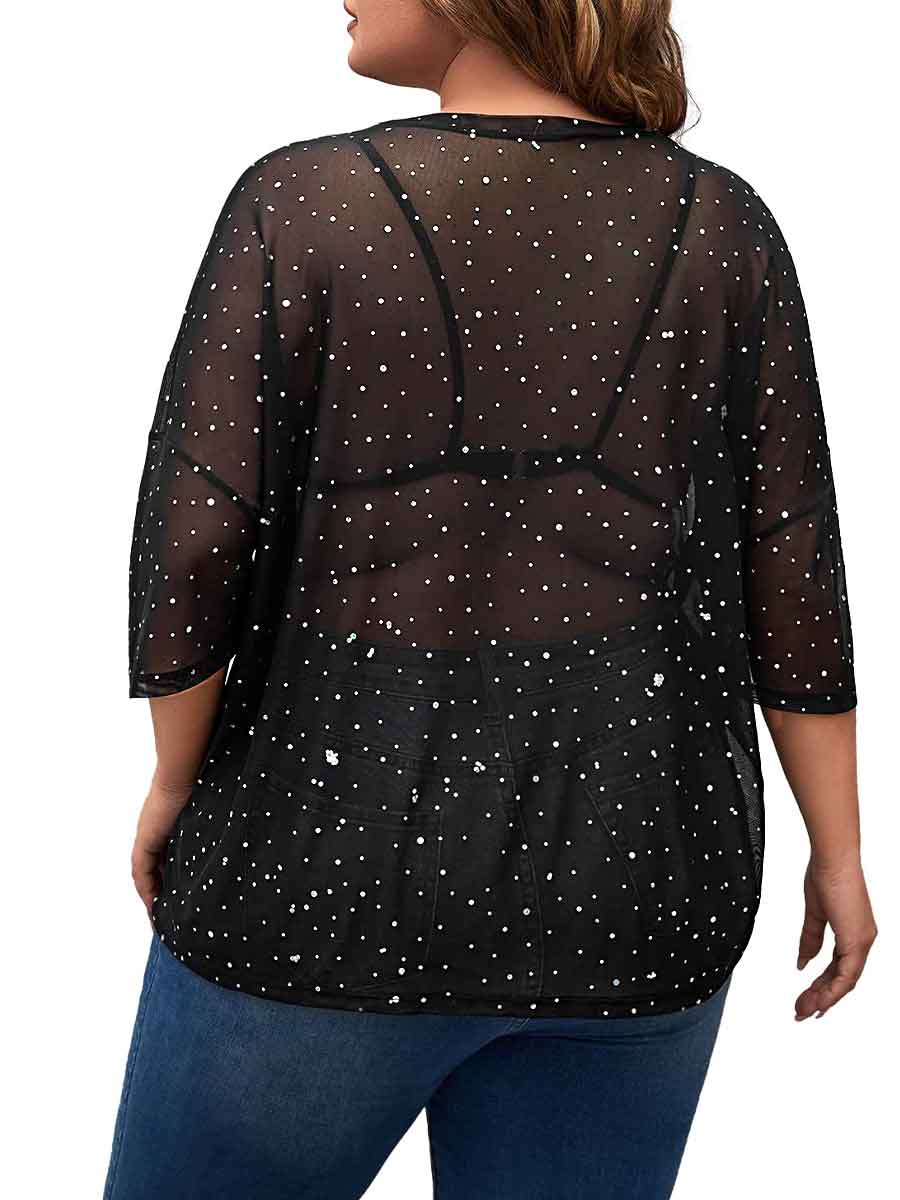 Short-Sleeved Round Neck Black Plus Size Rhinestone Shirts - Image 2