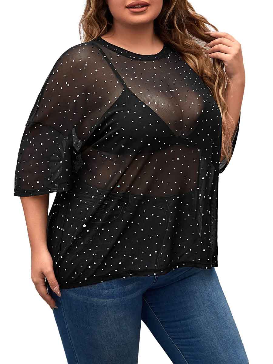 Short-Sleeved Round Neck Black Plus Size Rhinestone Shirts - Image 3