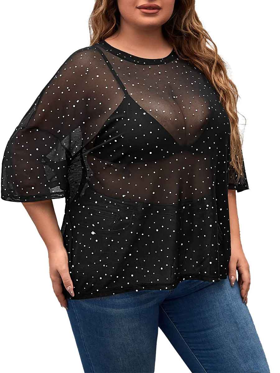 Short-Sleeved Round Neck Black Plus Size Rhinestone Shirts - Image 4